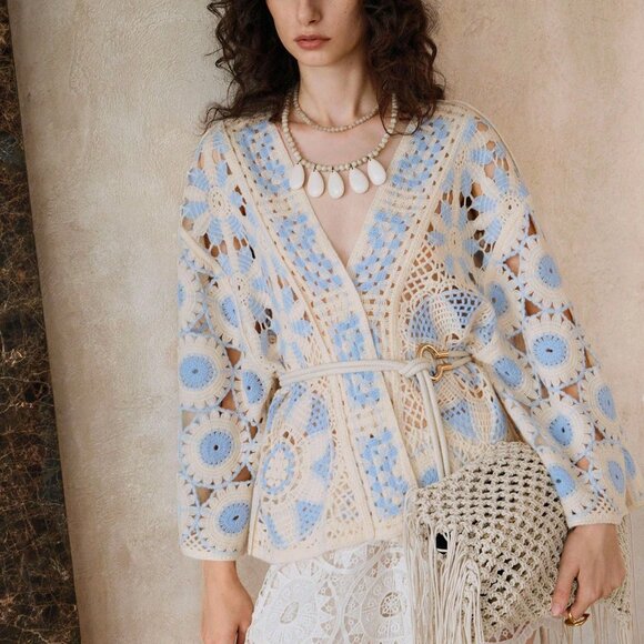 Blue And White Boho Crochet Women's Geometric Cardigan - Picture 4 of 7